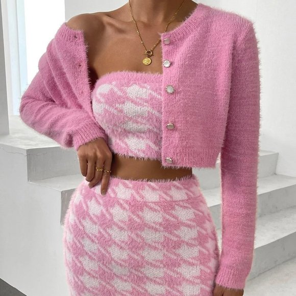 . Tops - Pink Preppy Womens Houndstooth Tube Knit Top & Bodycon Knit Skirt & Cardigan